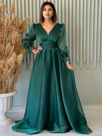 A-line ruched organza prom dress with V-neckline and long sleeves