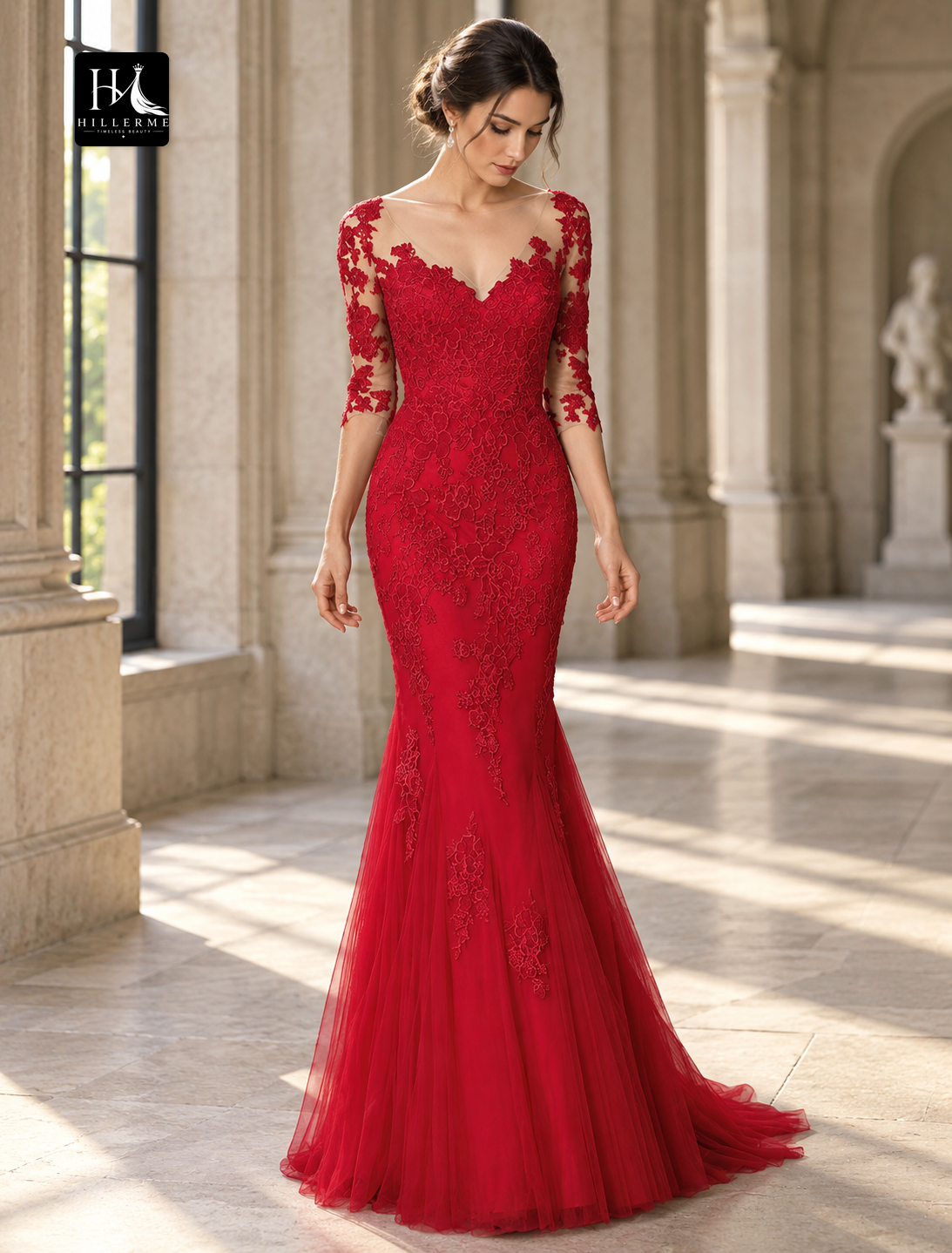 V-Neck Lace and Tulle Mermaid Mother of the Bride Dress with Half Sleeves and Court Train