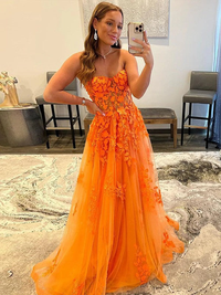 Front view of A-line sweetheart sleeveless tulle applique prom dress in Mythical Orange