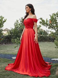 Side angle of sleeveless two-piece silk-like satin A-line prom dress