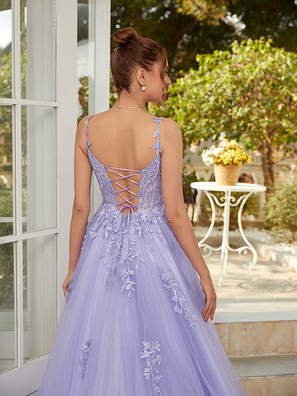 Tulle applique sleeveless prom dress with straps and court train