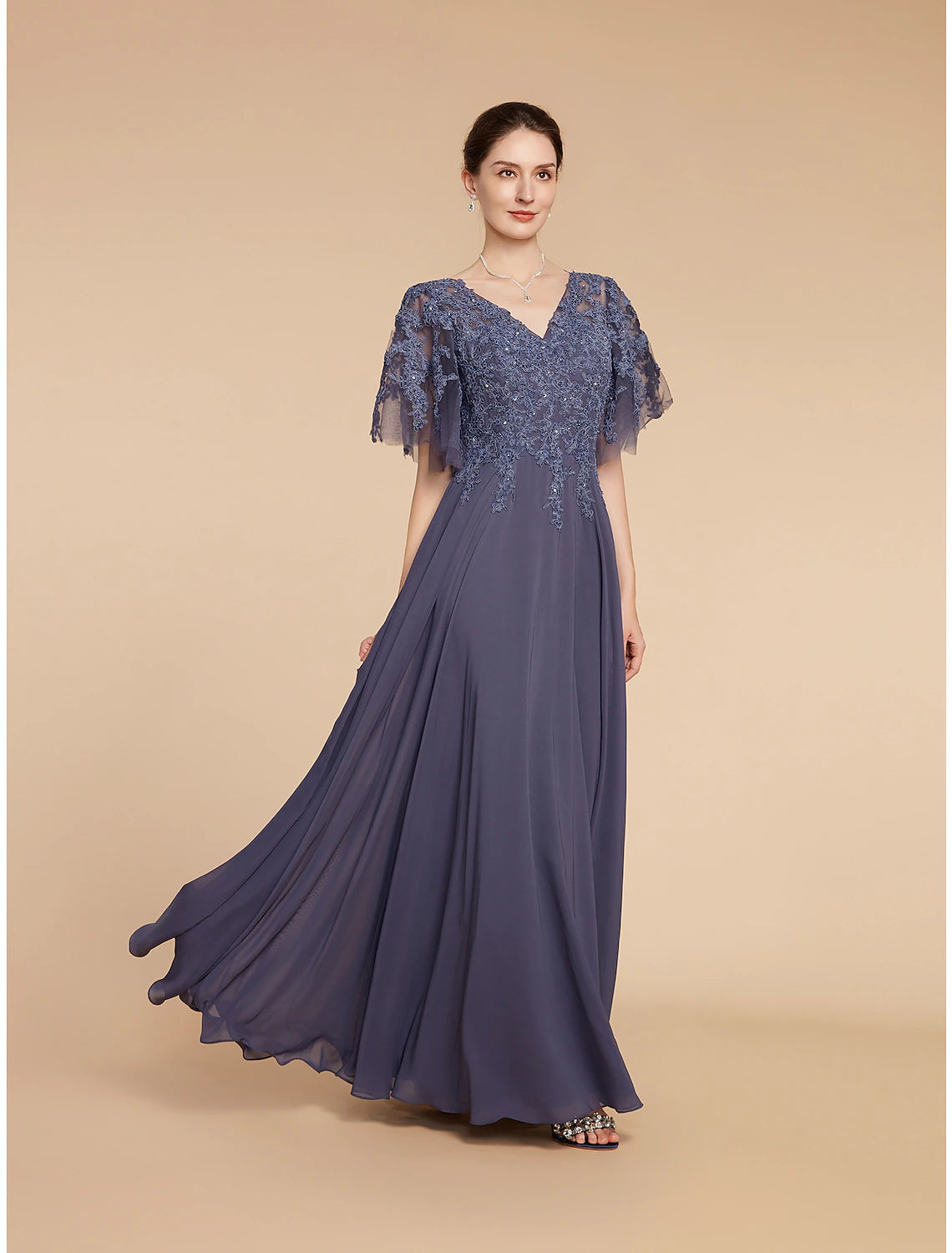 Plus size A-line chiffon and lace mother of the bride dress with V-neckline and beading appliques