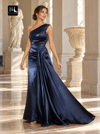 One-Shoulder Ruffle Sheath Prom Dress in Elastic Woven Satin with Sweep Train