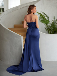 Ruched sweetheart sleeveless floor-length sheath elastic woven satin prom dress in Navy Blue