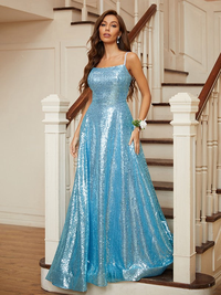 Sleeveless A-line prom dress with sequins and sweep brush train