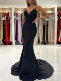 Front view of sleeveless V-neck sheath stretch crepe prom dress with ruffles in black