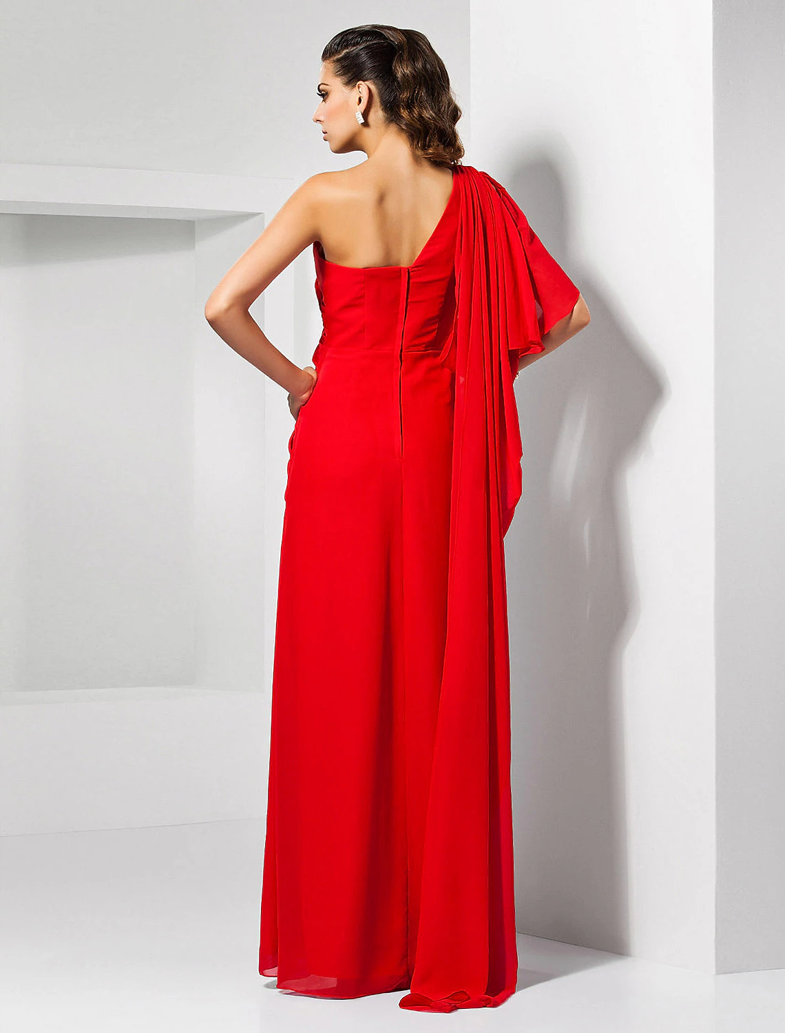 One-shoulder sleeveless empire waist chiffon sheath evening dress with draping