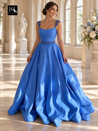 A-Line Sleeveless Satin Prom Dress with Beaded Straps and Sweep Train