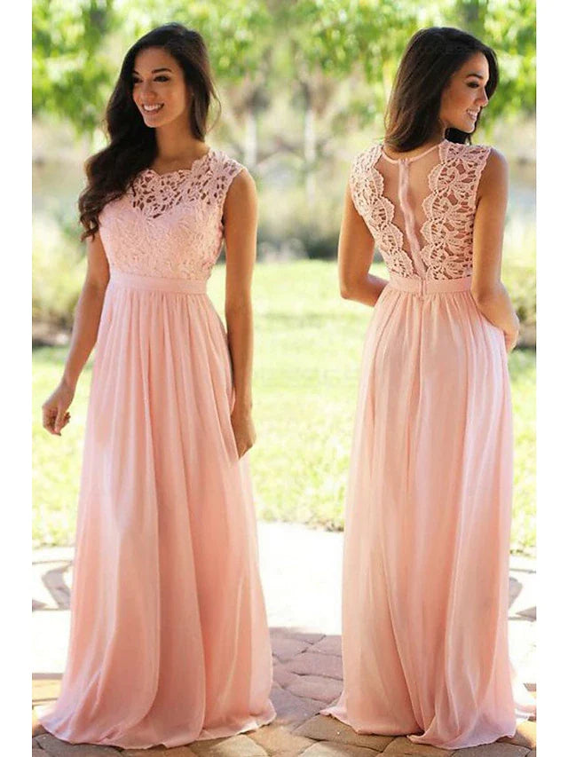 Jewel neck sleeveless floor-length chiffon and lace bridesmaid dress - As Picture A