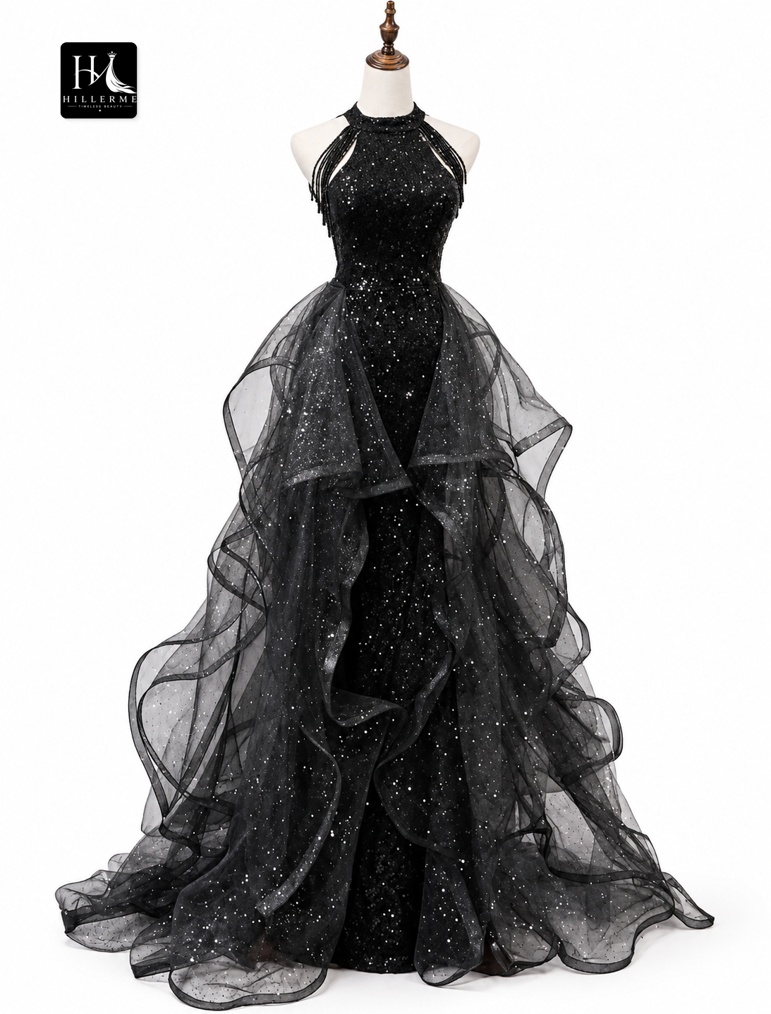 Sleeveless Halter Neck A-Line Sequined Prom Dress with Sweep Train