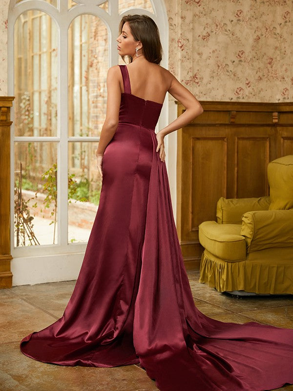 One-shoulder sequin and elastic woven satin sheath prom dress