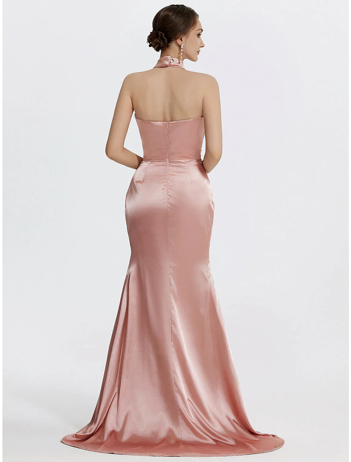 Floor-length ruched satin trumpet evening dress with halter neck