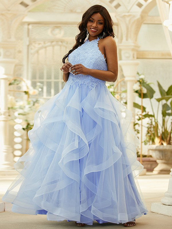 Applique tulle halter sleeveless floor-length prom dress
