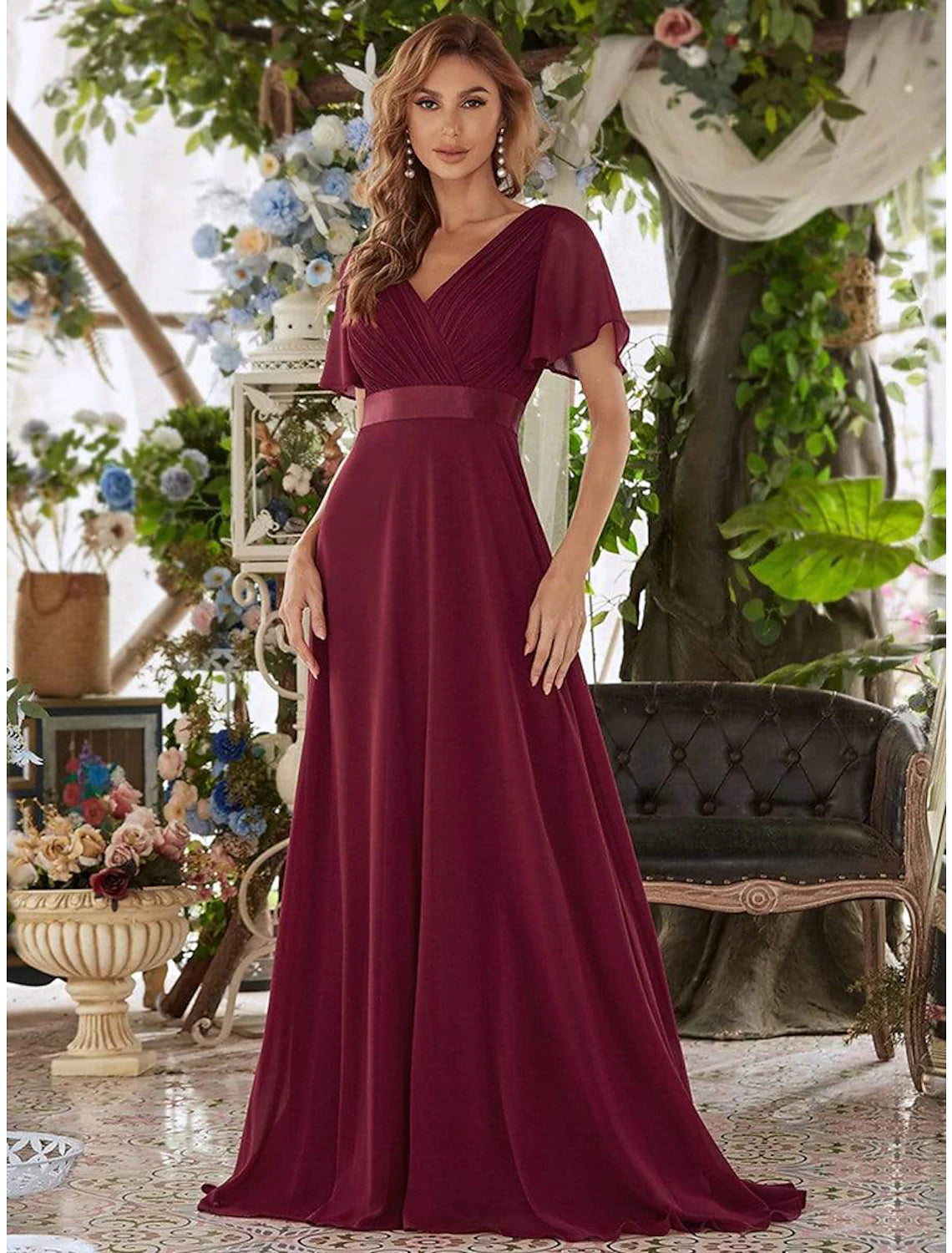 A-line floor-length chiffon evening gown with V-neck and short sleeves