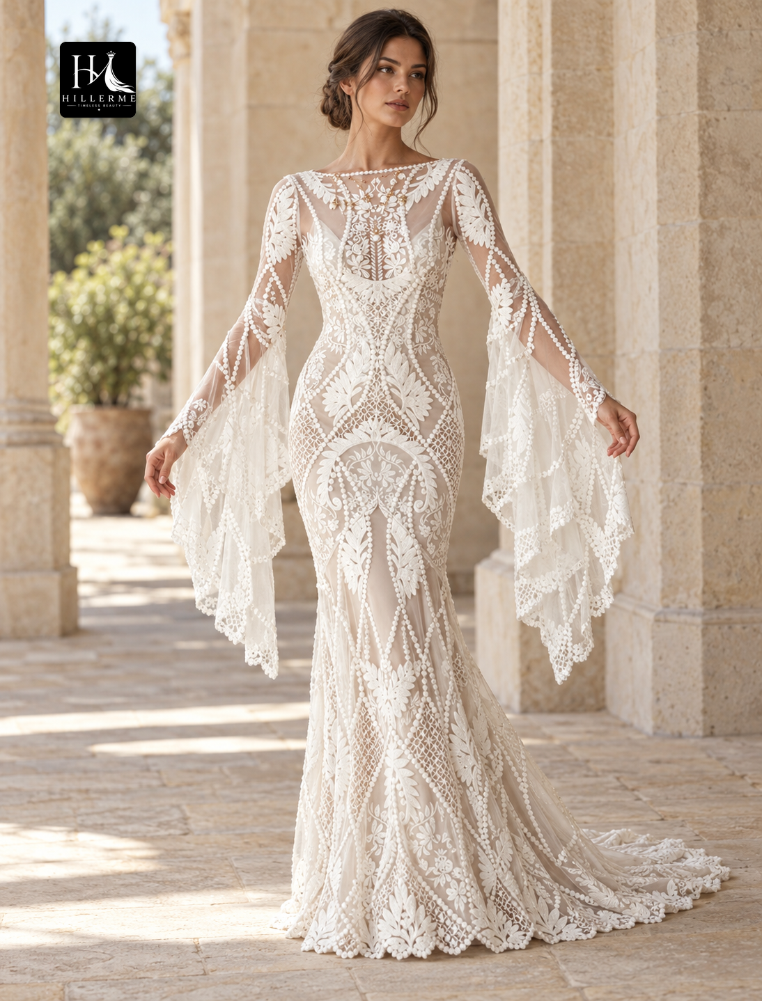 Boho Beach Lace Mermaid Wedding Dress with Long Sleeves and Open Back