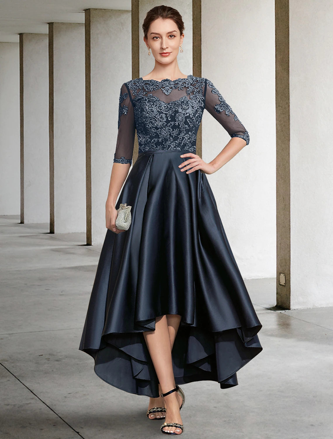Dark Navy A-line jewel neck mother of the bride dress in Italy satin with asymmetrical lace and half sleeves