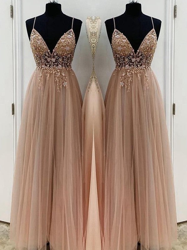 Dark Salmon A-line beaded tulle floor-length prom dress with spaghetti straps