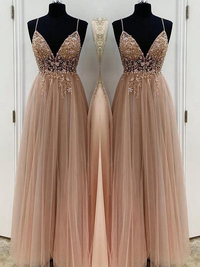 Dark Salmon A-line beaded tulle floor-length prom dress with spaghetti straps