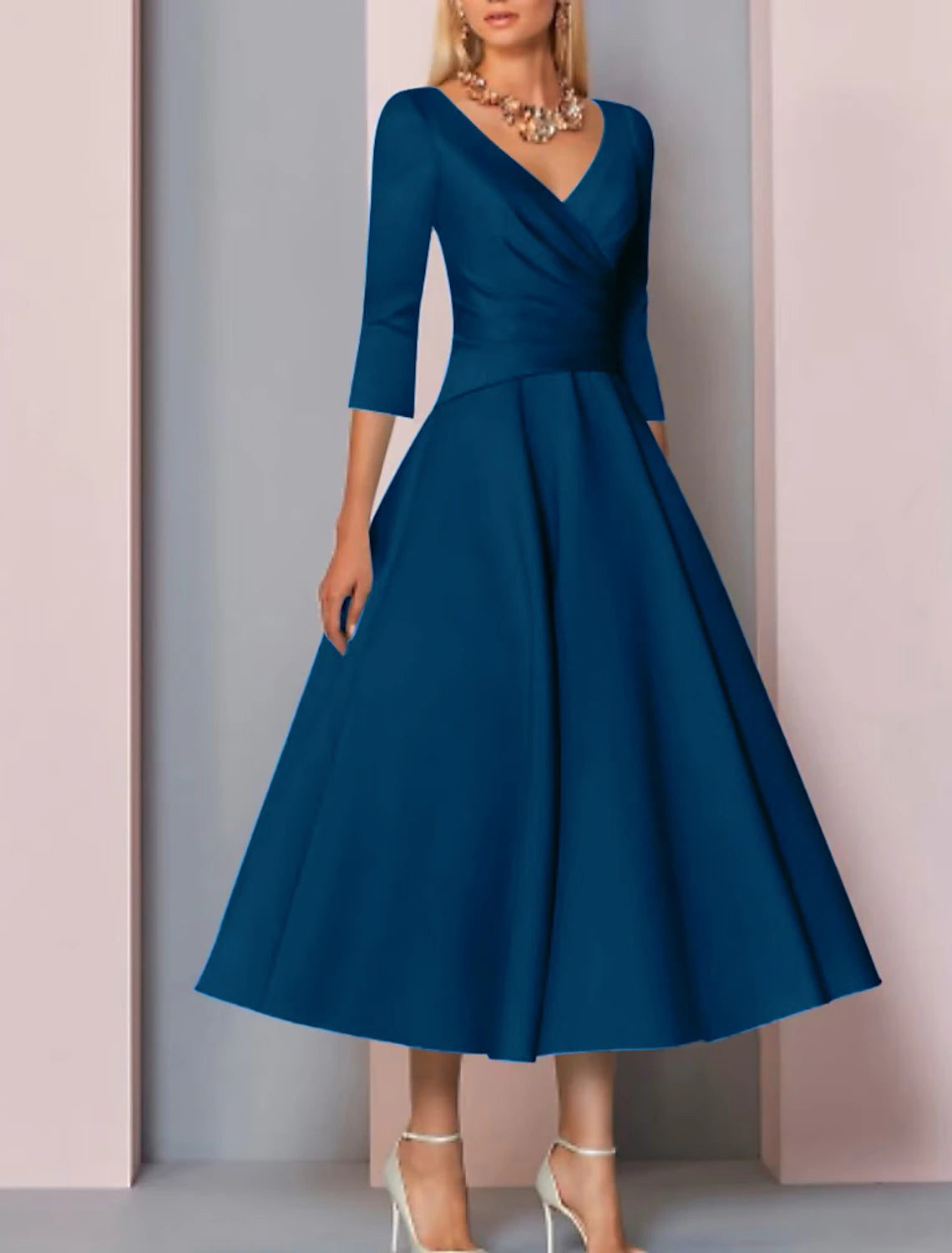 Satin V-neck mother of the bride dress with 3/4 length sleeves