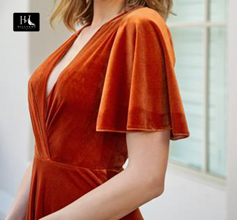 B5104 - Classic A-Line V-Neck Short Sleeve Velvet Bridesmaid Dress with Pleated Detailing