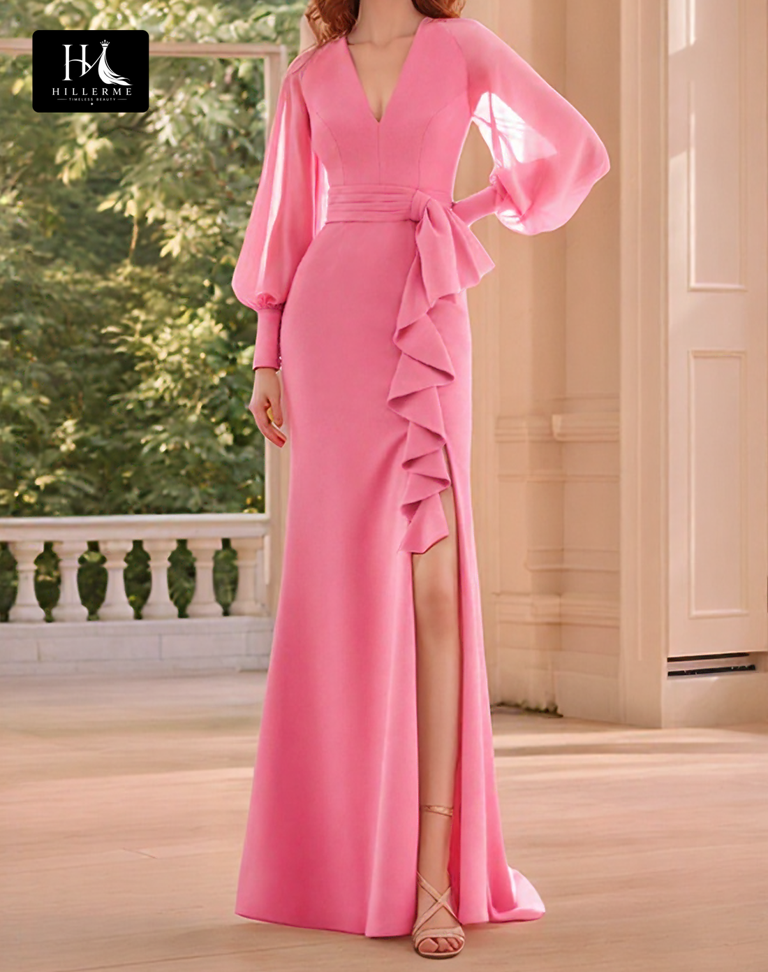 V-Neck Long-Sleeve Pleated Floor-Length Chiffon Mermaid Mother of the Bride Dress with High Slit