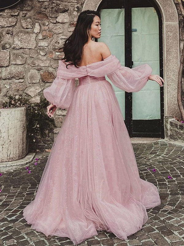 Floor-length A-line formal wedding guest dress with ruched corset bodice and off-shoulder long sleeves