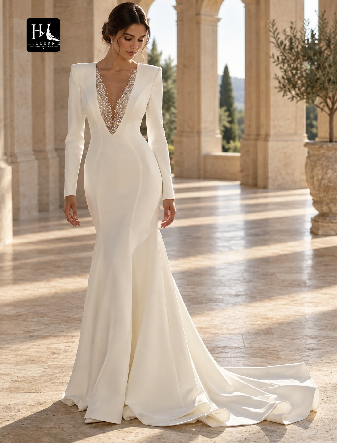 V-Neck Long Sleeve Chiffon Mermaid Wedding Dress with Beading and Sweep Train