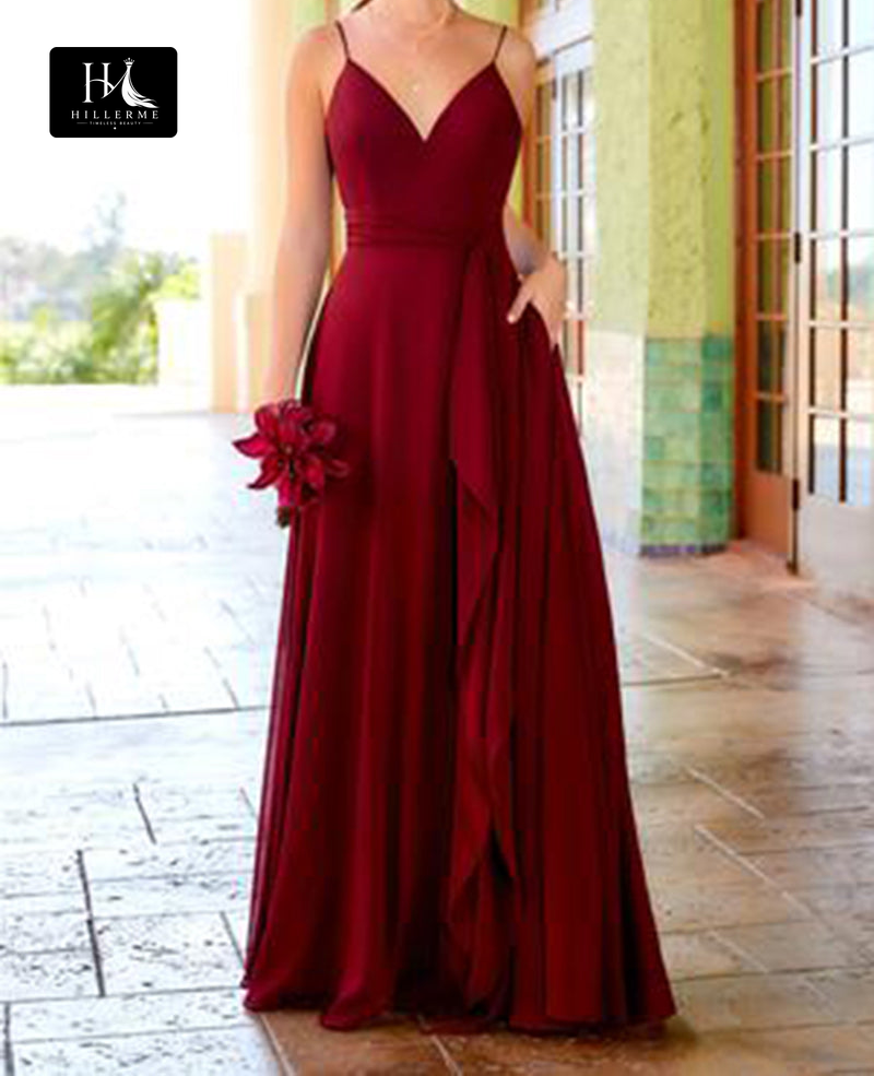 B5110 - V-Neck A-Line Pleated Sleeveless Bridesmaid Dress with Straps and Pockets