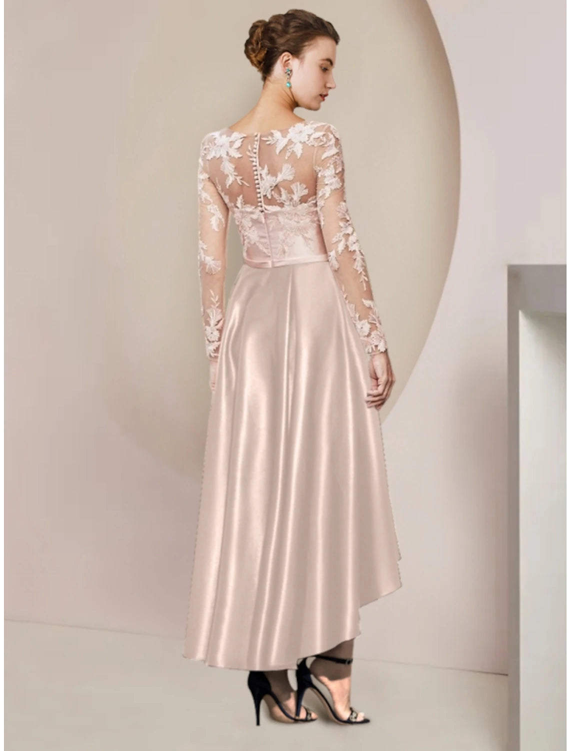 Asymmetrical ankle-length satin sheath mother of the bride dress with long sleeves and lace pleats