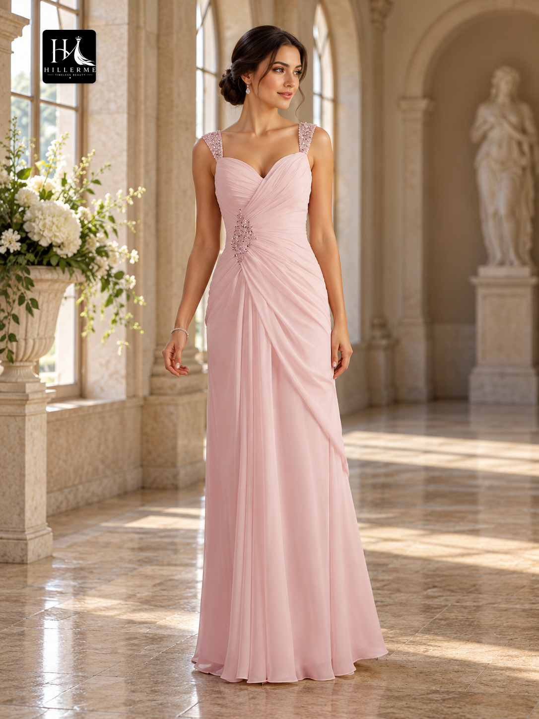 Sheath Straps Sleeveless Beaded Long Chiffon Prom Dress