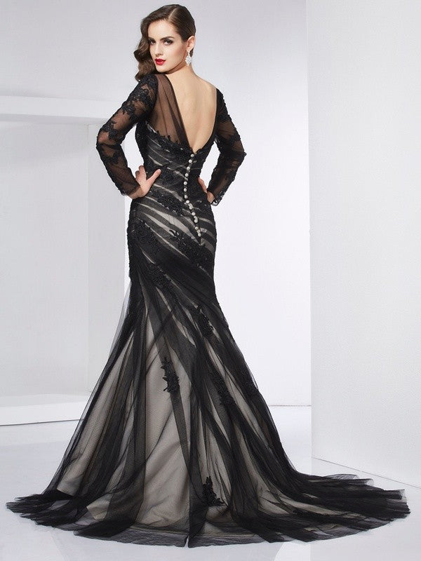 Trumpet/mermaid jewel neckline long sleeve applique net prom dress