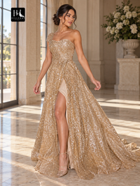 A-Line One-Shoulder Sleeveless Ruched Court Train Prom Dress