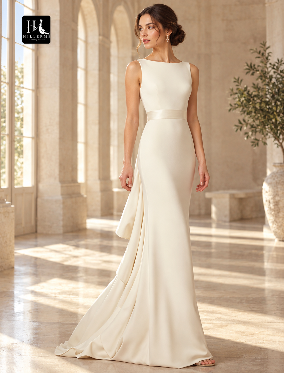 Open Back Scoop Neck Sheath Wedding Dress with Draping and Sweep Train