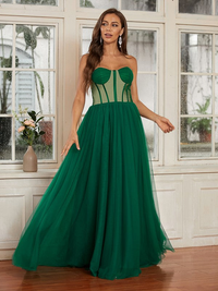 A-line sweetheart sleeveless ruffled tulle floor-length prom dress