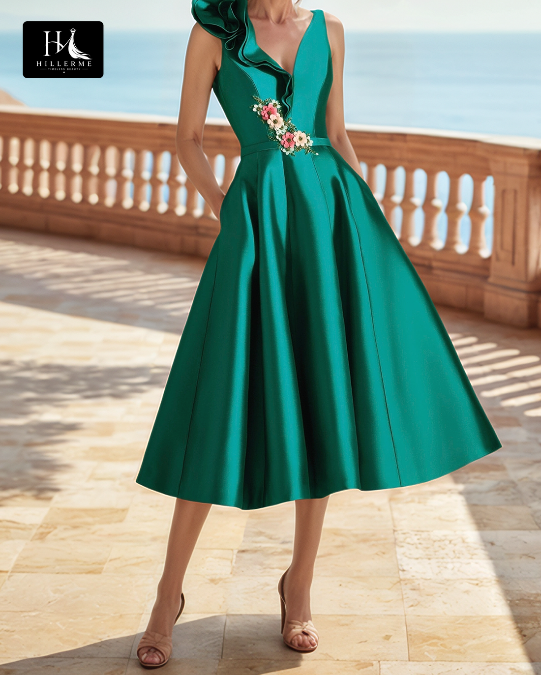 Floral Embellished A-Line Cocktail Gown with Deep V-Neck and Off-Shoulder Design for Mother of the Bride