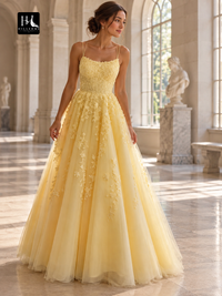 A-Line Tulle Applique Spaghetti Strap Sleeveless Floor-Length Prom Dress