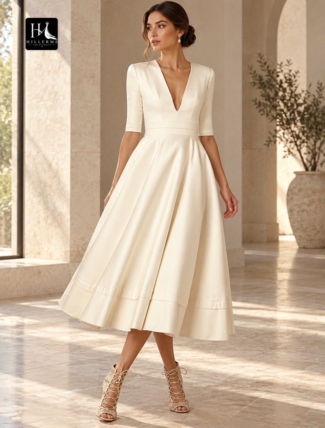 Simple Sleeveless V-Neck Ruched Satin Beach Wedding Dress with Court Train