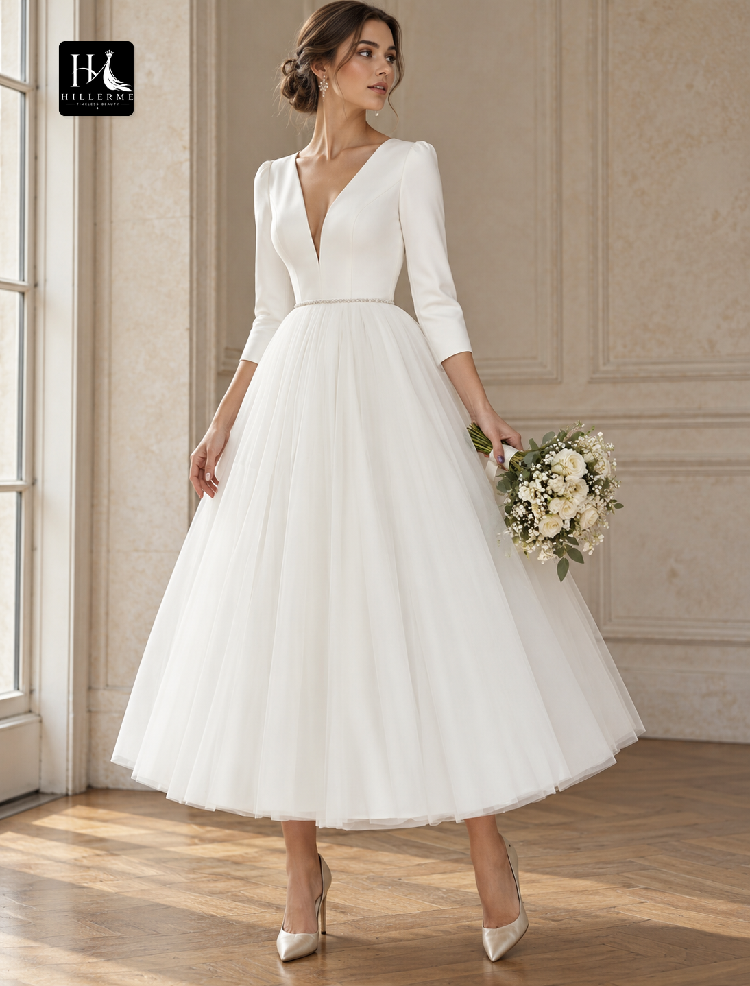 Off-the-Shoulder Cap Sleeve Tea-Length Chiffon A-Line Wedding Dress with Ruched Split Front