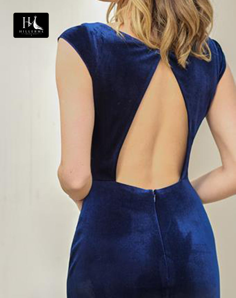 B5107 - Sleeveless High Neck Velvet Sheath Bridesmaid Dress with Pleated Details