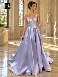 A-Line V-Neck Sleeveless Satin Prom Dress with Ruffles and Sweep Train