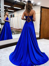 Royal Blue A-line sleeveless elastic woven satin prom dress featuring applique accents and sweep train