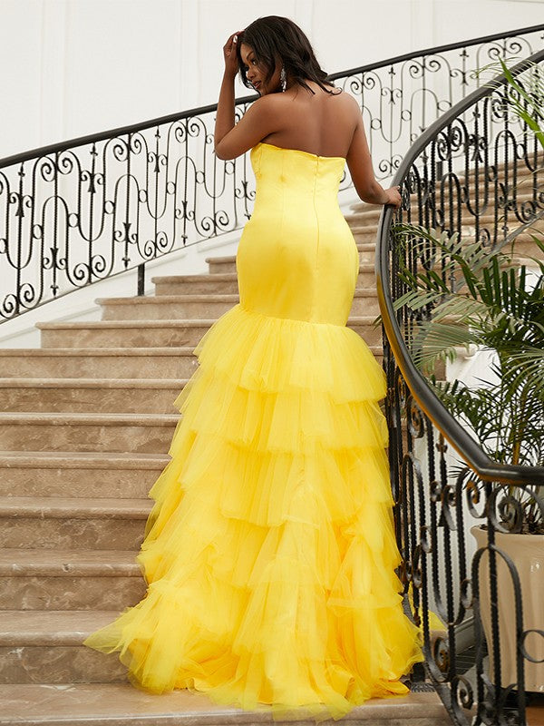Satin layered trumpet/mermaid prom dress with sleeveless sweetheart bodice and sweep train