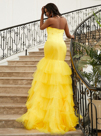 Satin layered trumpet/mermaid prom dress with sleeveless sweetheart bodice and sweep train