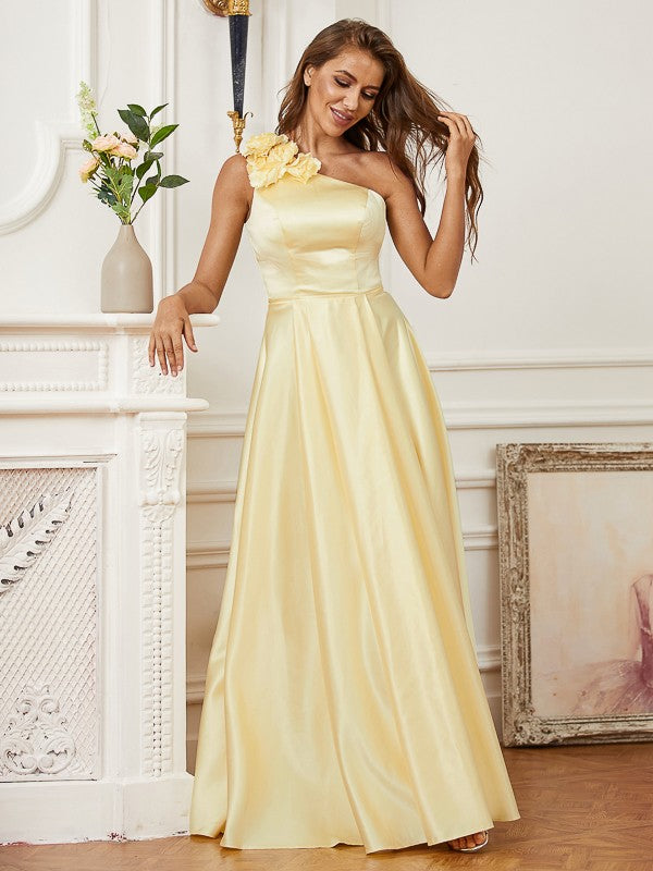 A-line floor-length satin prom dress with one-shoulder bodice