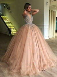 Ball gown V-neck sleeveless floor-length beading tulle prom dress