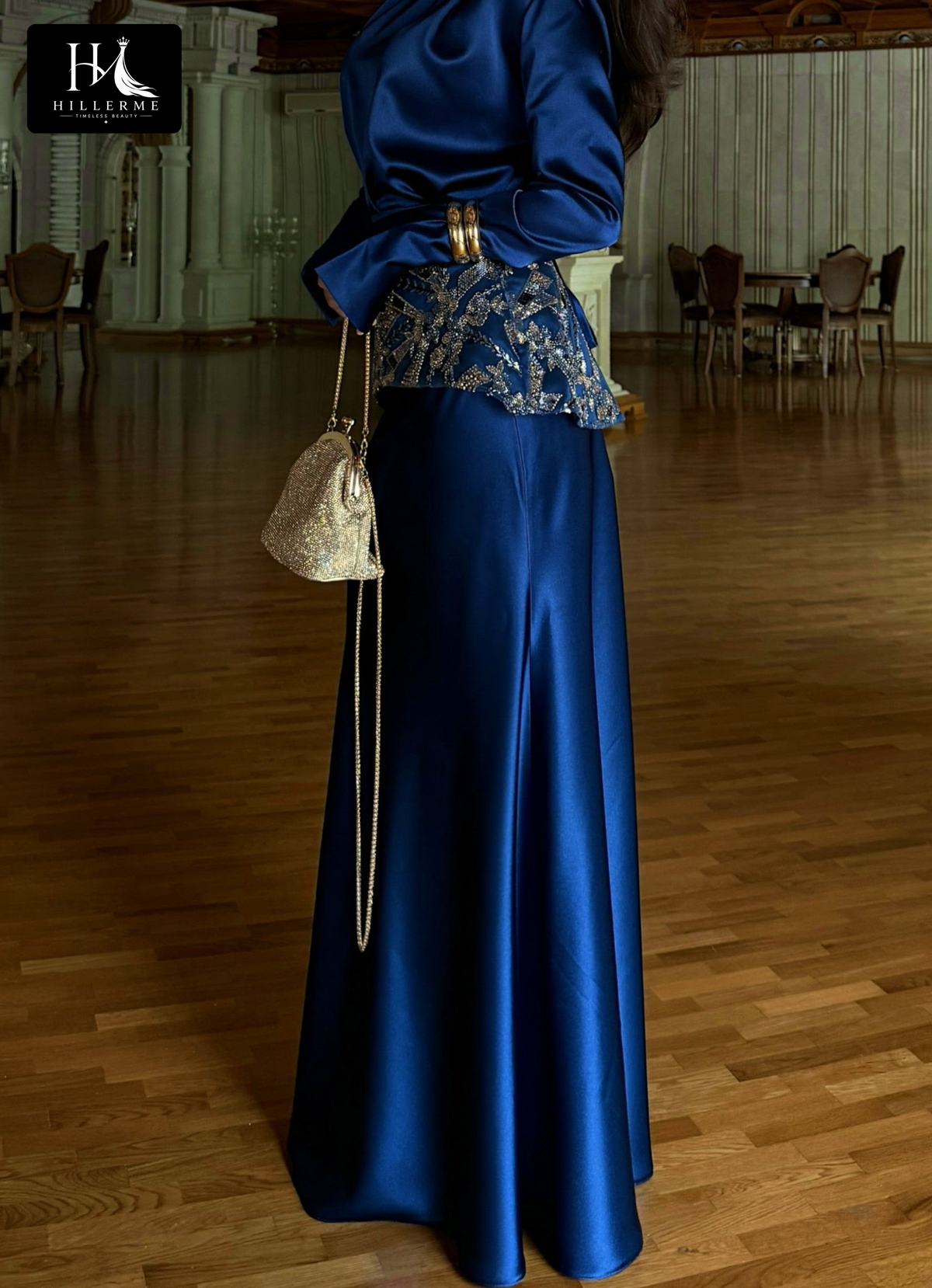 Satin Evening Gown with Sequin-Wrapped Waistband and Long Sleeves