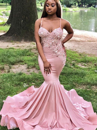 Trumpet/mermaid silk like satin applique V-neck sleeveless prom dress