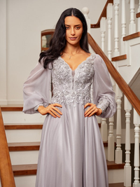 Applique embellishment on A-line 30D chiffon floor-length prom dress with long sleeves