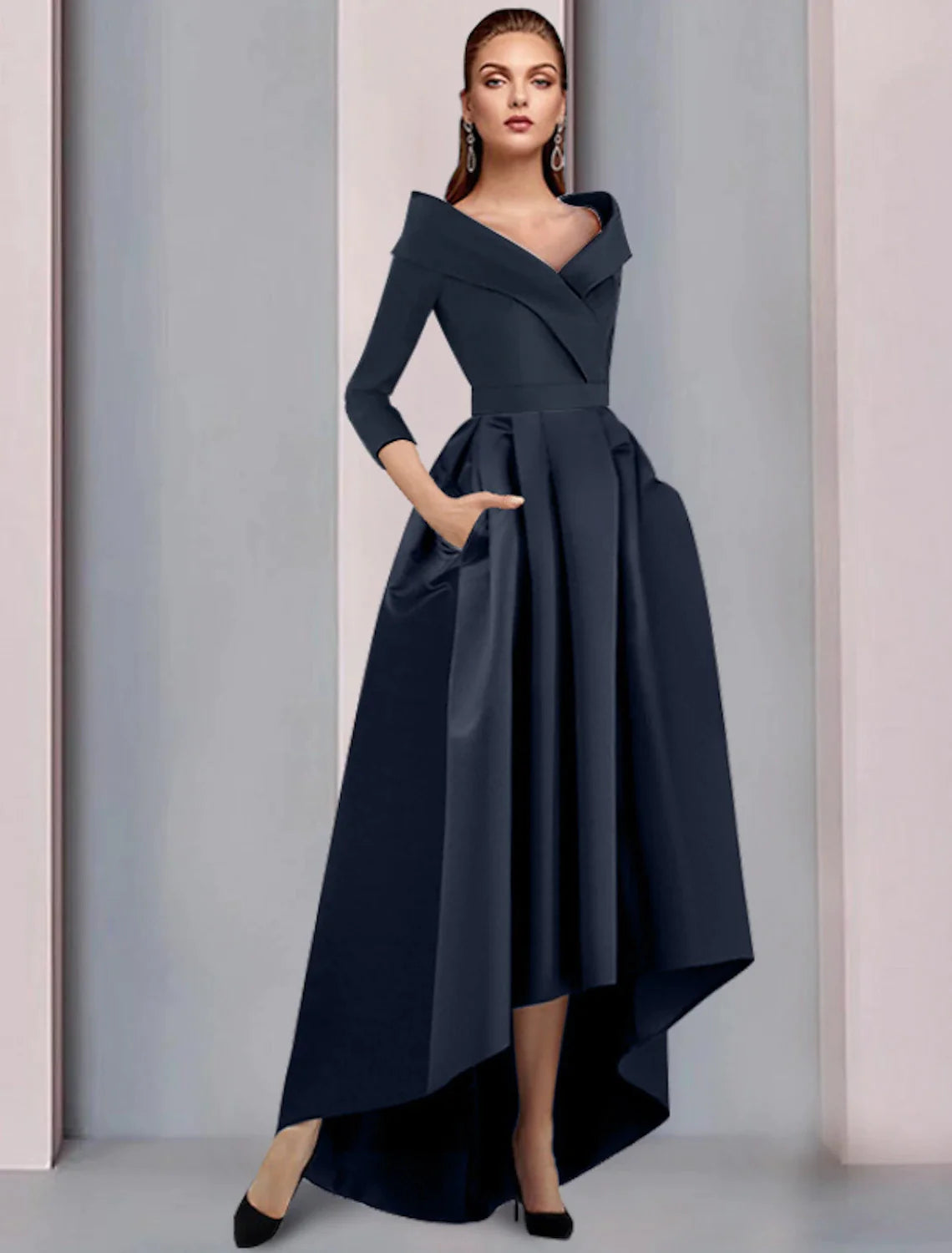 A-line high-low satin mother of the bride dress in dark navy with 3/4 length sleeves and pleats