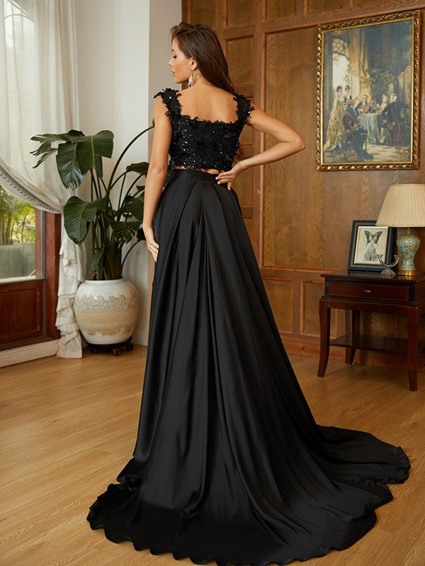 Two-piece A-line prom dress with off-the-shoulder bodice and sweep train
